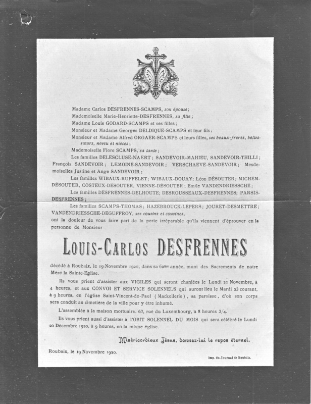 Faire-part de décès de Louis-Carlos Desfrennes