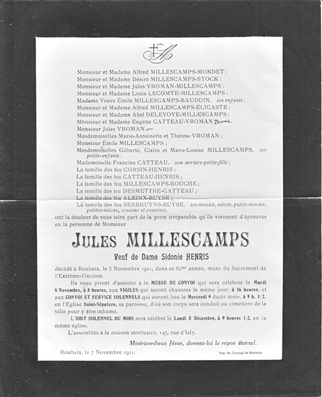 Faire-part de décès de Jules Millescamps