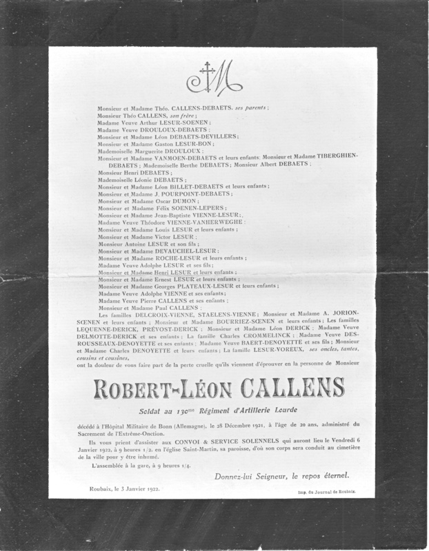 Faire-part de décès de Robert-Léon Callens
