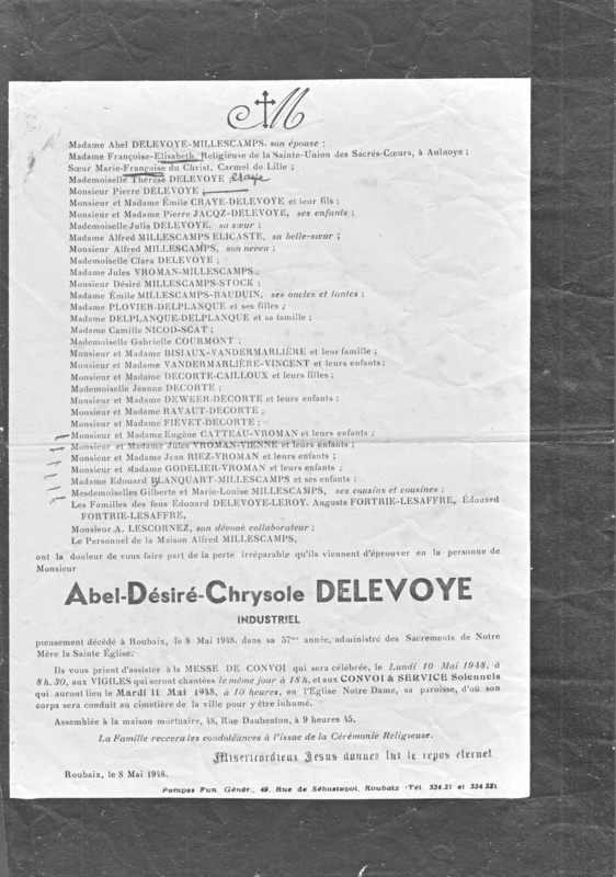 Faire-part de décès d'Abel-Désiré-Chrysole Delevoye
