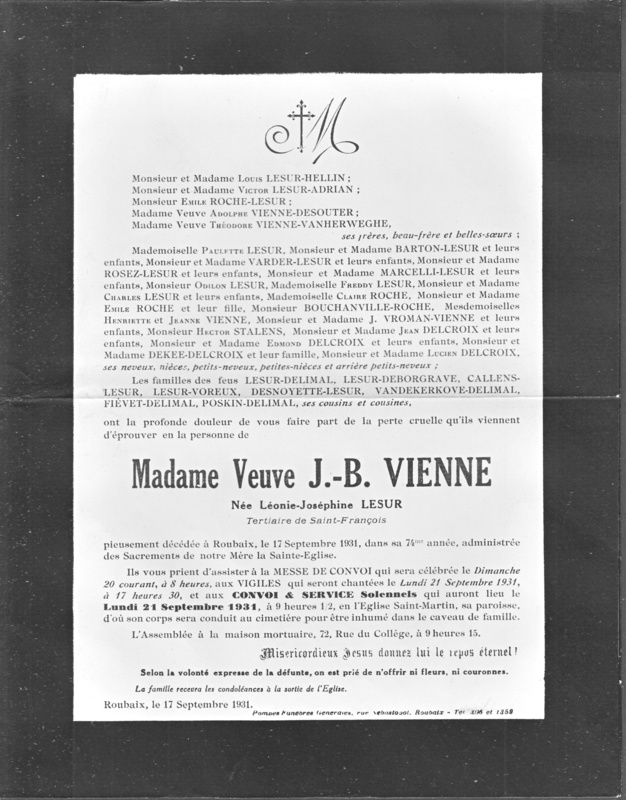 Faire-part de décès de Léonie-Joséphine Lesur, veuve de Jean-Baptiste Vienne