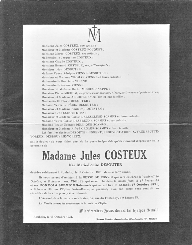 Faire-part de décès de Marie-Louise Desouter, épouse de Jules Costeux