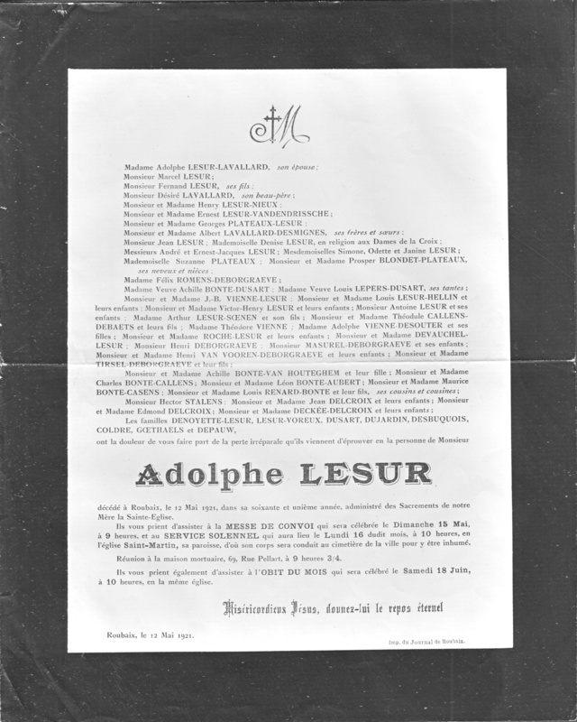 Faire-part de décès d'Adolphe Lesur