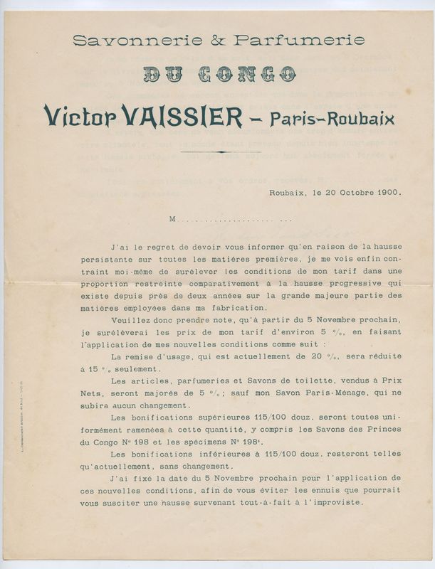 Courrier tapuscrit sur papier à en-tête signé de Victor Vaissier