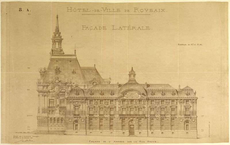 Façade latérale de l'Annexe des services municipaux de l'hôtel de ville de 1911 (projet).