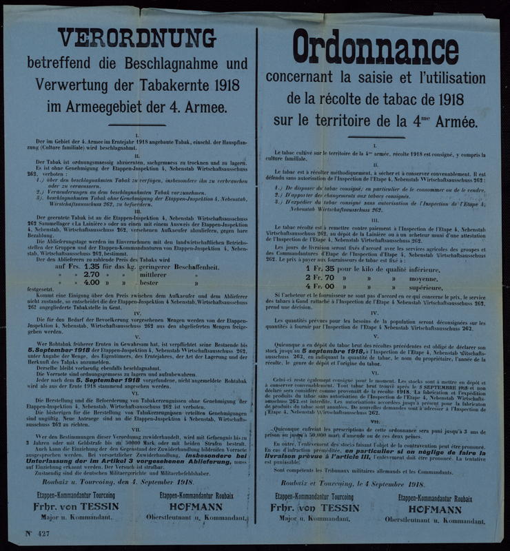 Ordonnance concernant la saisie et l'utilisation de la récolte de tabac de 1918 sur le territoire de la 4e armée