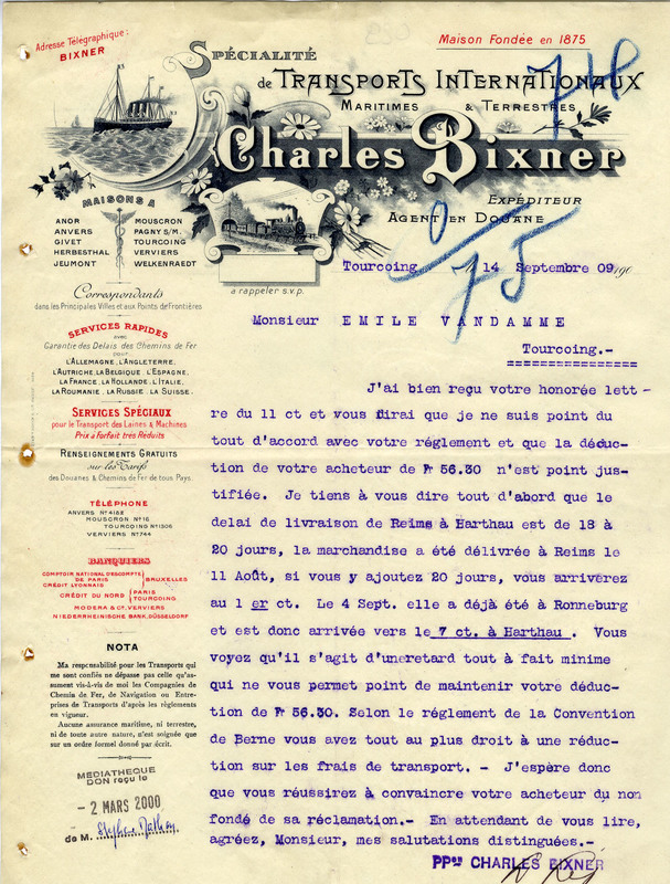 Spécialité de transports internationaux maritimes et terrestres de Tourcoing Charles Bixner