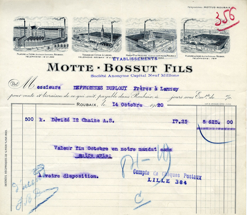 Motte-Bossut fils : filature de coton, tissage de coton, manufacture de velours, filature de laine