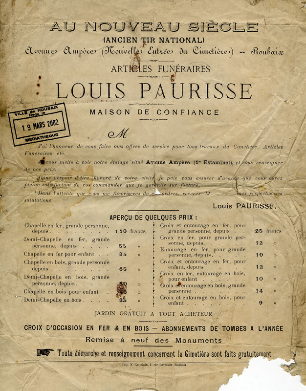 « Au Nouveau siècle » : articles funéraires Louis Paurisse