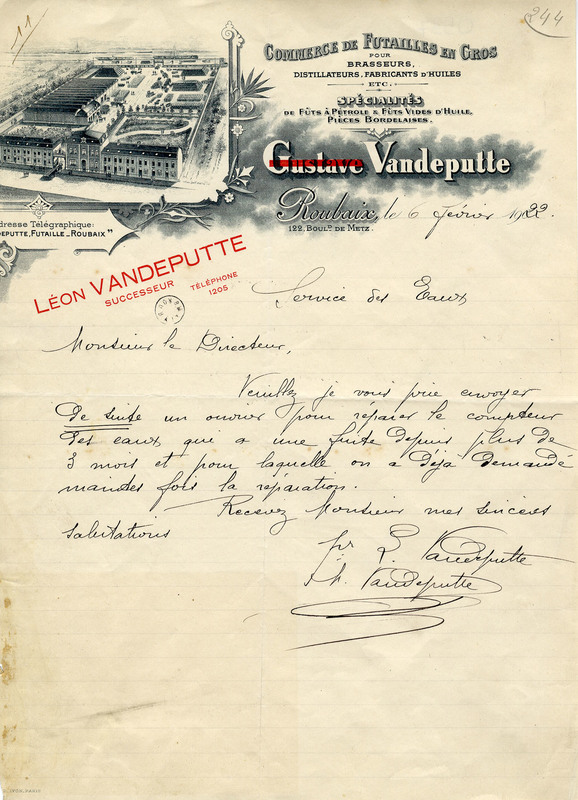 Gustave Vandeputte, commerce de futailles en gros pour brasseurs, distillateurs, fabricants d'huiles, etc...