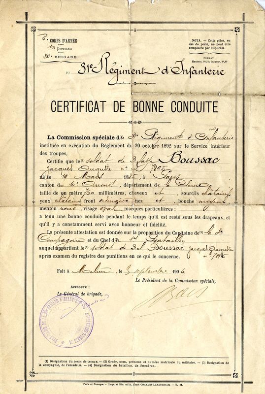 Documents relatifs au service militaire de Jacques Boussac