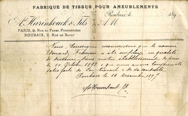 Certificat demploi et de bonne conduite, 1897