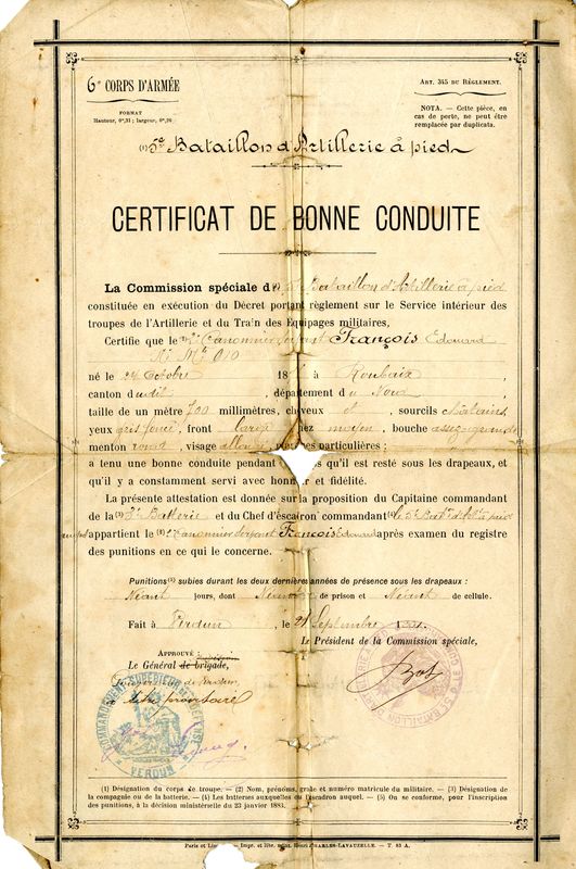 Certificat de bonne conduite, 21 septembre 1901