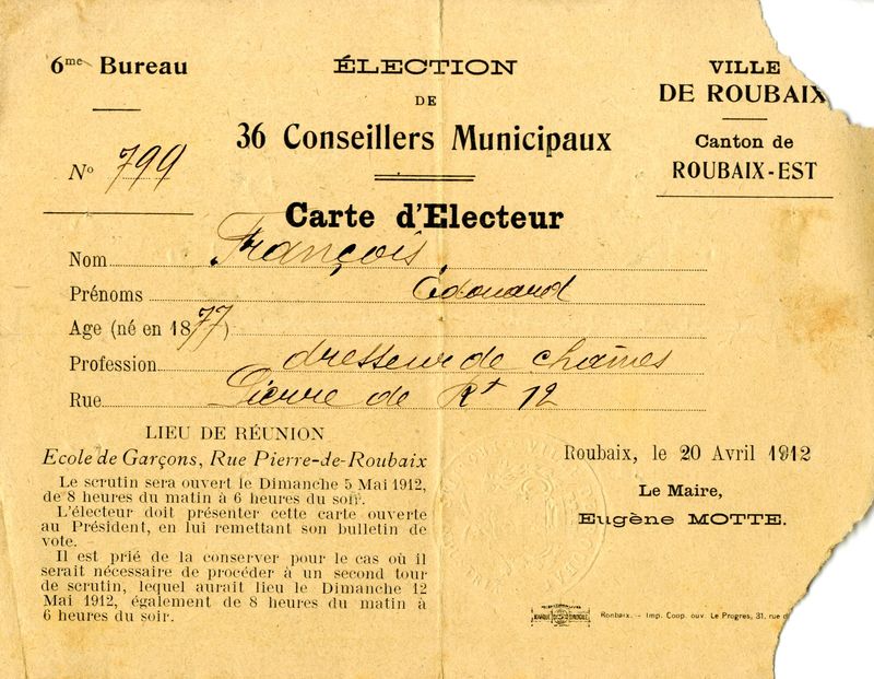 Carte d'électeur d'Edouard Francois, 12 avril 1912