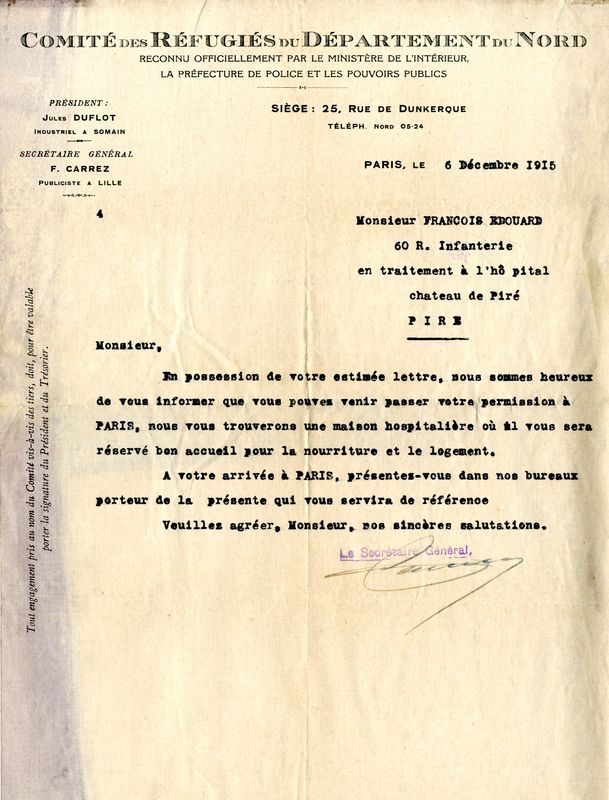 Courriers du comité des réfugiés et de l'Oeuvre Fraternelle des mutilés à Edouard, 6 décembre 1915-26 avril 1916