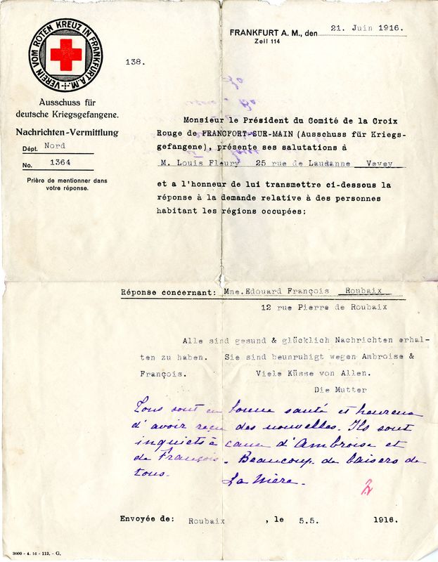 Courrier de la Croix Rouge à Louis Fleury, 21 juin 1916