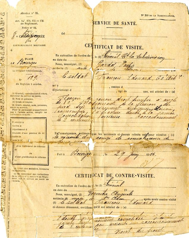 Certificat de visite et contre-visite de santé, 29 juin 1916