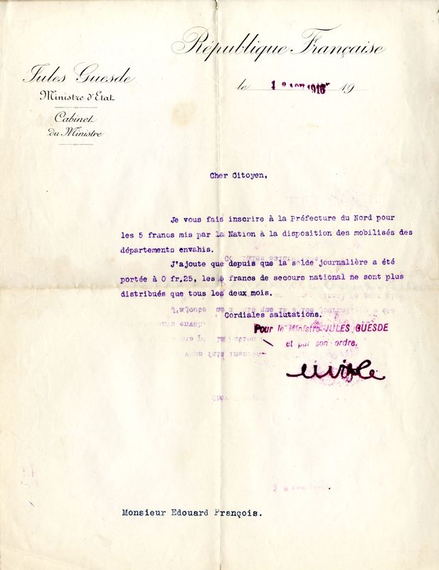 Lettre du Ministre dEtat Jules Guesde, 1916