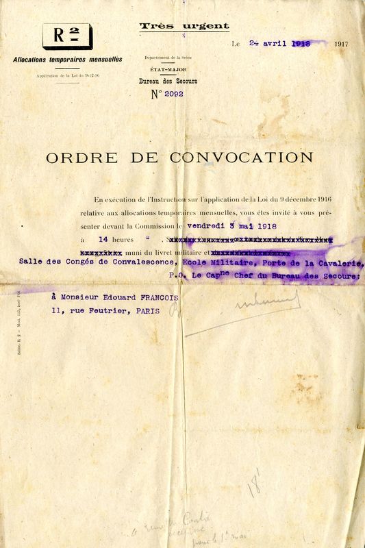Convocation du bureau des secours, 3 mai 1918