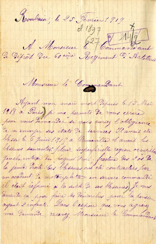 Lettre de Mme Veuve François, 25 février 1919