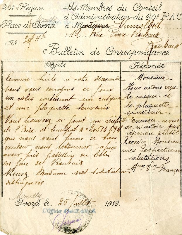 Courrier du Conseil dadministration du 60è RAC, 25 juillet 1919