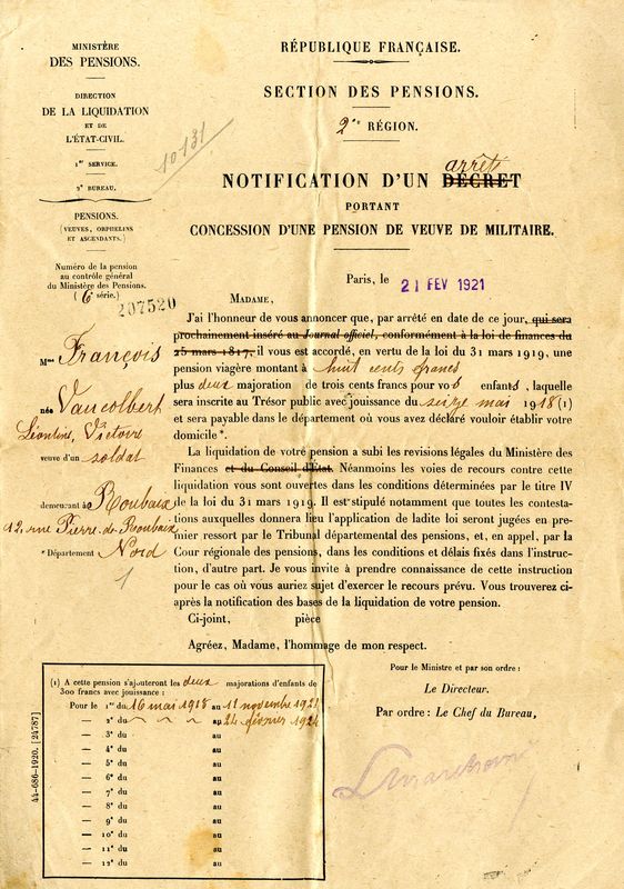 Notification d'un arrêt pour une pension à Mme Veuve François, 21 février 1921