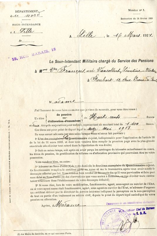 Attribution du titre de pension à Mme Veuve François, 16 mars 1921