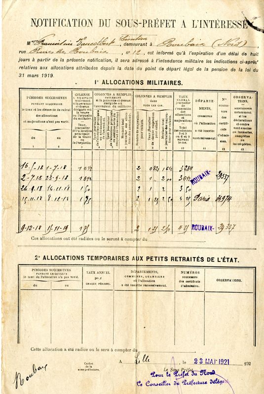 Notification concernant les allocations militaires à Mme Veuve François, 23 mai 1921