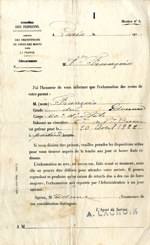 Lettre du service des restitutions des corps à Mme Veuve François, non daté