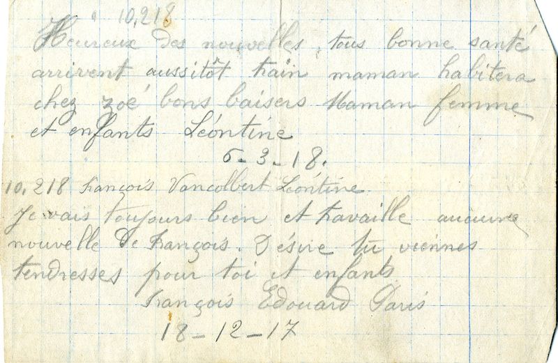 petit mot d'Edouard à Léontine et Léontine à Edouard, 18 décembre 1917 
