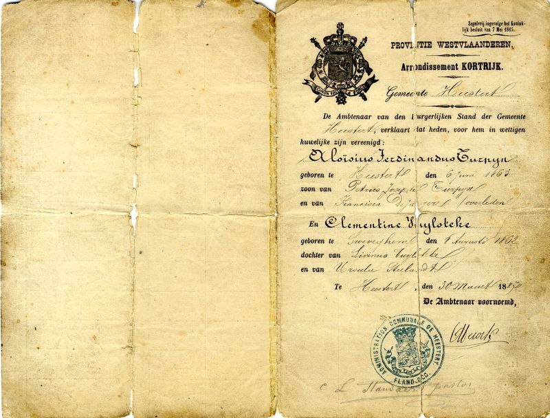 Certificat de mariage d'Alois Turpyn et de Clementine Vuylsteke