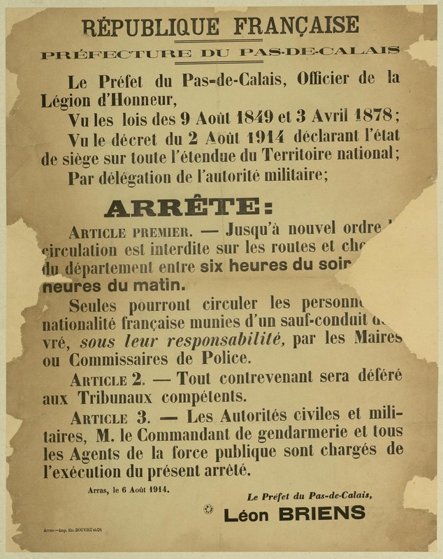 Arrêté concernant la circulation à certaines heures, 6 août 1914 