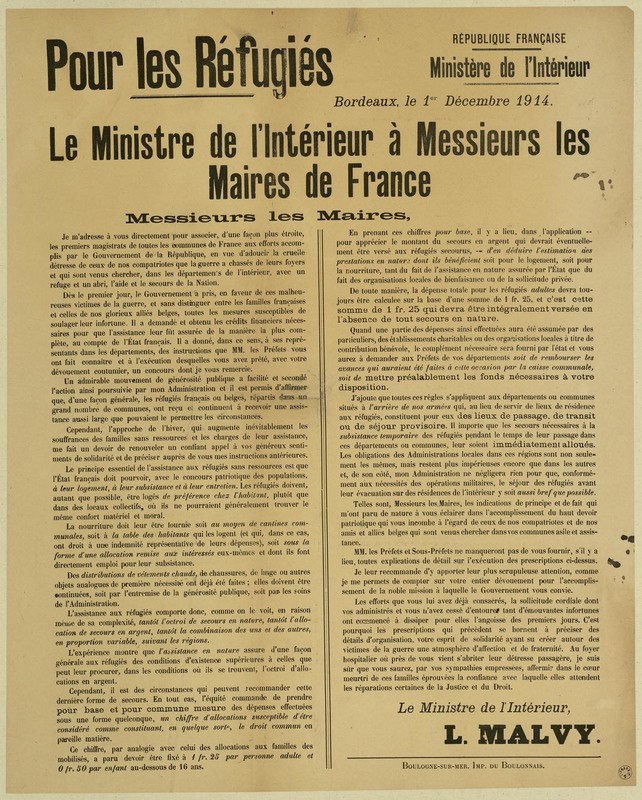 Le ministre de l'Intérieur à messieurs les maires de France, 1 décembre 1914