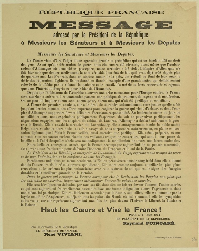 Message adressé par le président de la République, 4 août 1914 