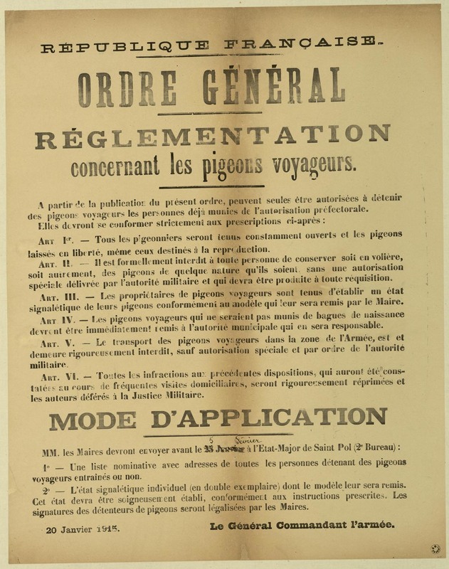 Réglementation concernant les pigeons voyageurs, 20 janvier 1915
