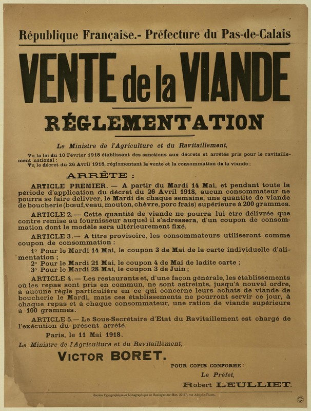 Réglementation concernant la vente de la viande, 11 mai 1918 
