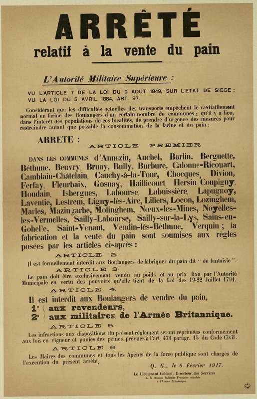 Arrêté relatif à la vente du pain, 6 février 1917