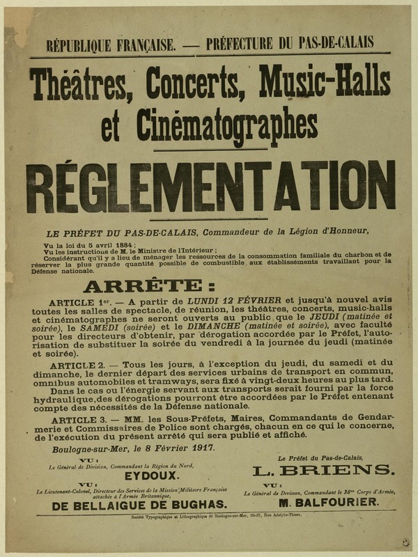 Réglementation concernant certaines manifestations artistiques et culturelles, 8 février 1917