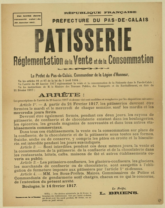 Réglementation de la vente et de la consommation de la pâtisserie, 14 février 1917