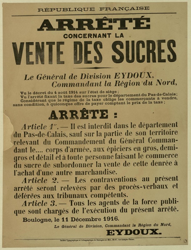 Arrêté concernant la vente des sucres, 11 décembre 1916