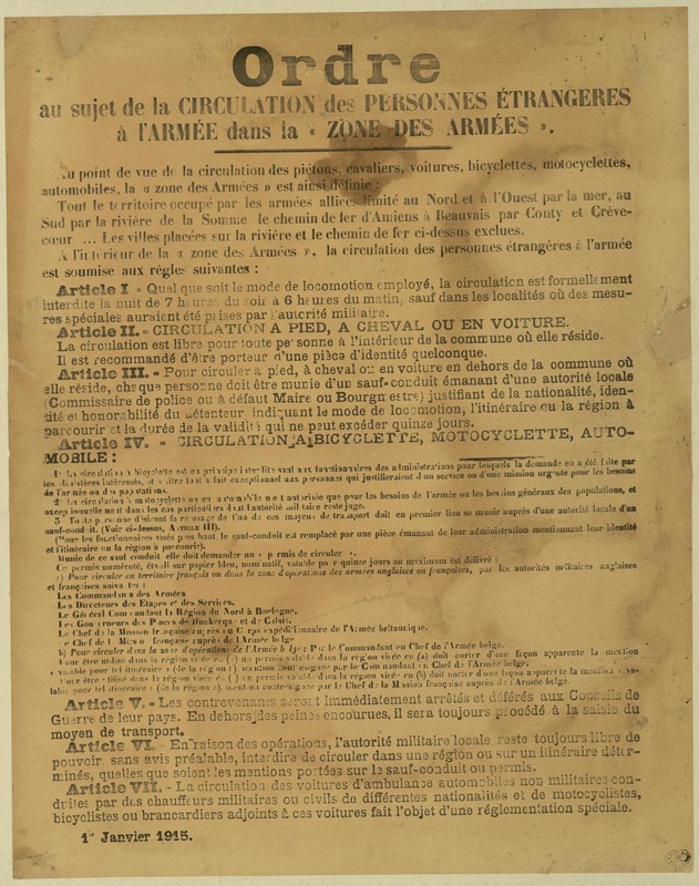 Ordre au sujet de la circulation des personnes étrangères à l'armée, 1 janvier 1915
