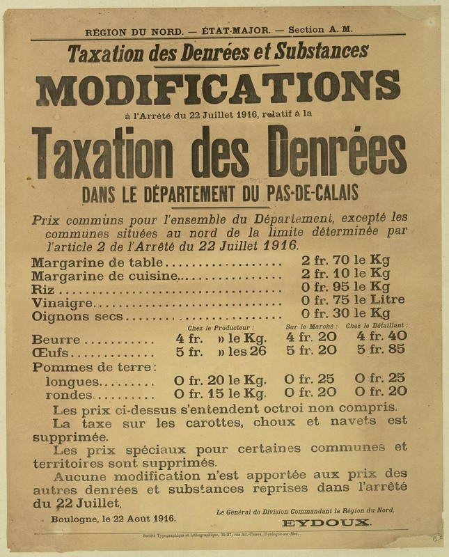 Modification à l'arrêté du 22 juillet 1916 relatif à la taxation des denrées
