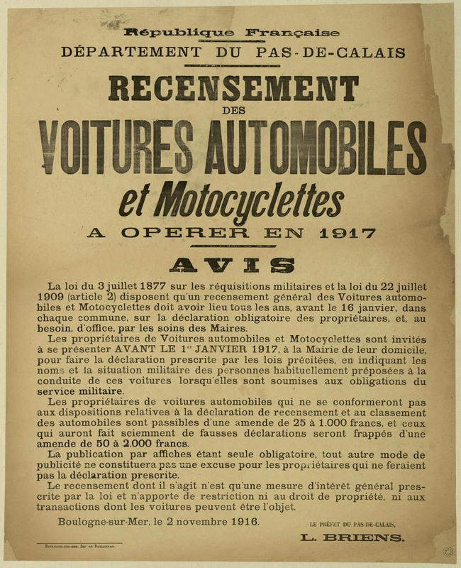 Recensement des voitures automobiles et motocyclettes à opérer en 1917, 2 novembre 1916