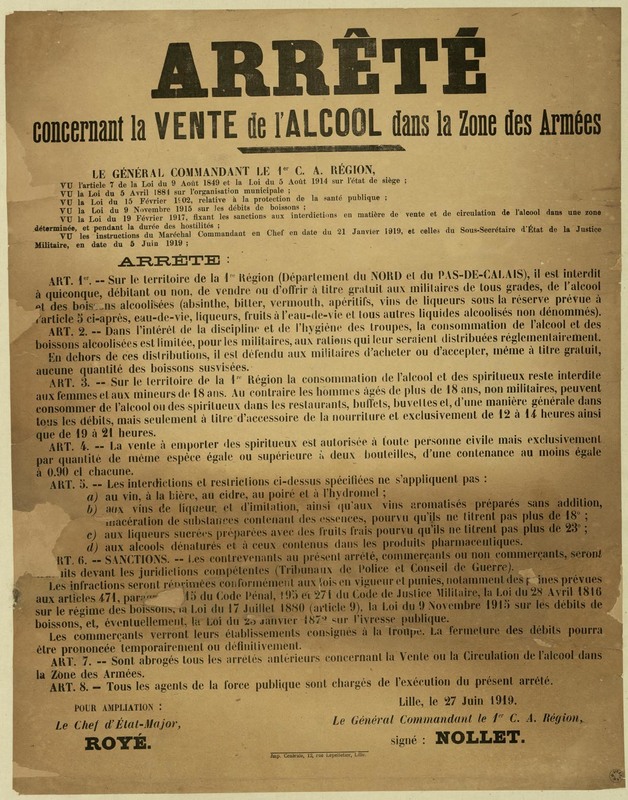 Arrêté concernant la vente de l'alcool, 27 juin 1919 