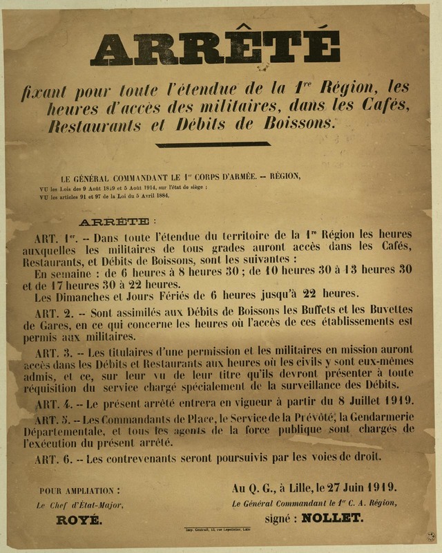 Arrêté concernant les heures d'accès des militaires dans les cafés, 27 juin 1919