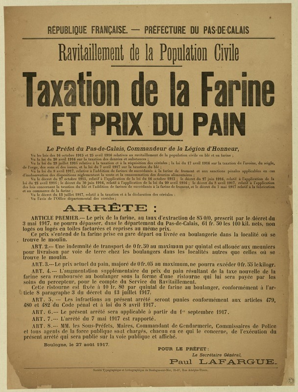 Taxation de la farine et prix du pain, 27 août 1917