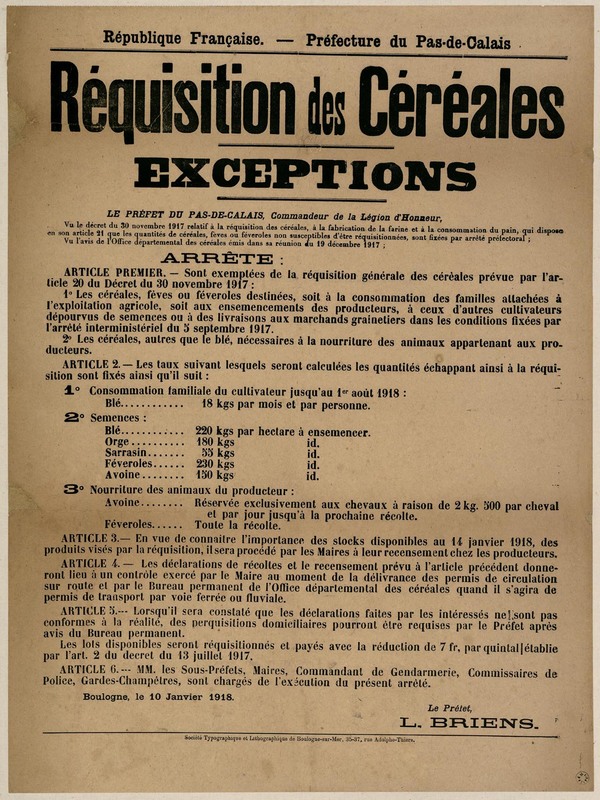 Exceptions concernant la réquisition des céréales, 10 janvier 1918 