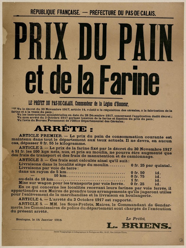 Arrête concernant le prix du pain et de la farine, 14 janvier 1918