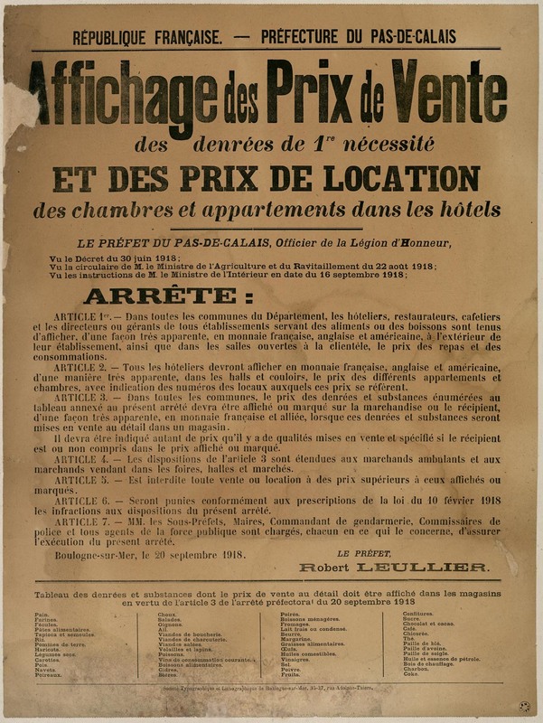 Affichage des prix , 20 septembre 1918