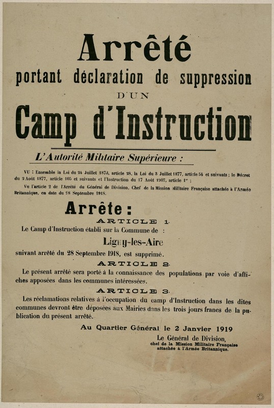 Arrêté portant déclaration de suppression d'un camp d'instruction, 2 janvier 1919